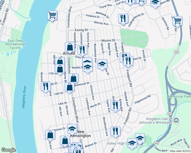map of restaurants, bars, coffee shops, grocery stores, and more near 1715 Woodmont Avenue in New Kensington