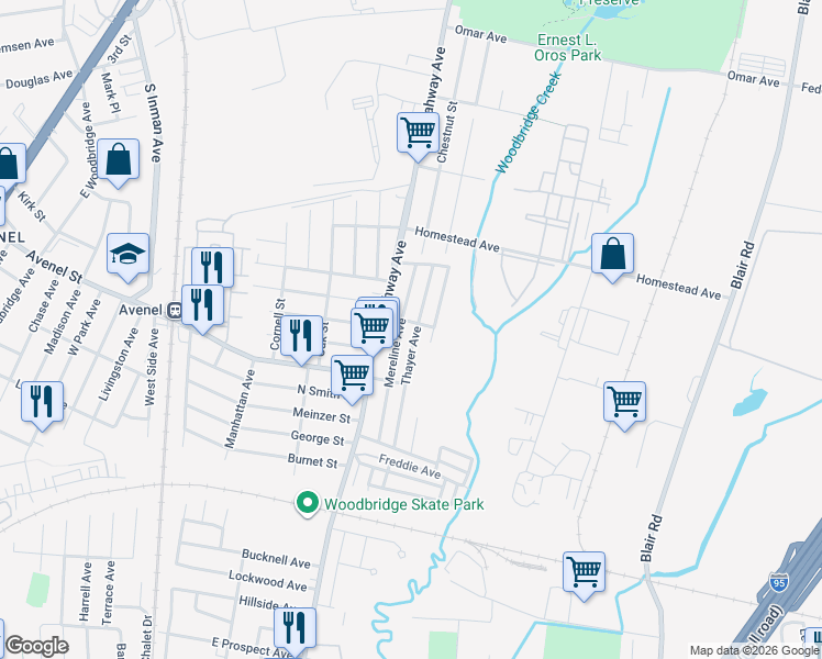 map of restaurants, bars, coffee shops, grocery stores, and more near 1020 Thayer Avenue in Woodbridge Township