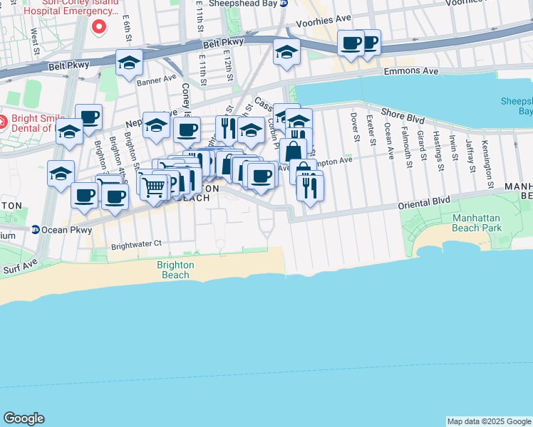 map of restaurants, bars, coffee shops, grocery stores, and more near 1150 Brighton Beach Avenue in Brooklyn