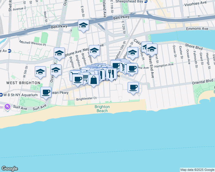 map of restaurants, bars, coffee shops, grocery stores, and more near 3110 Brighton 7th Street in Brooklyn