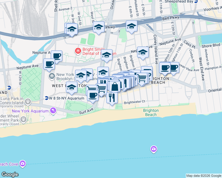 map of restaurants, bars, coffee shops, grocery stores, and more near 74 Brighton 1st Lane in Brooklyn