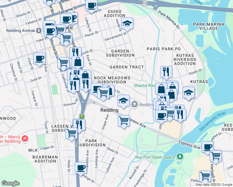 map of restaurants, bars, coffee shops, grocery stores, and more near 2131 Grape Avenue in Redding