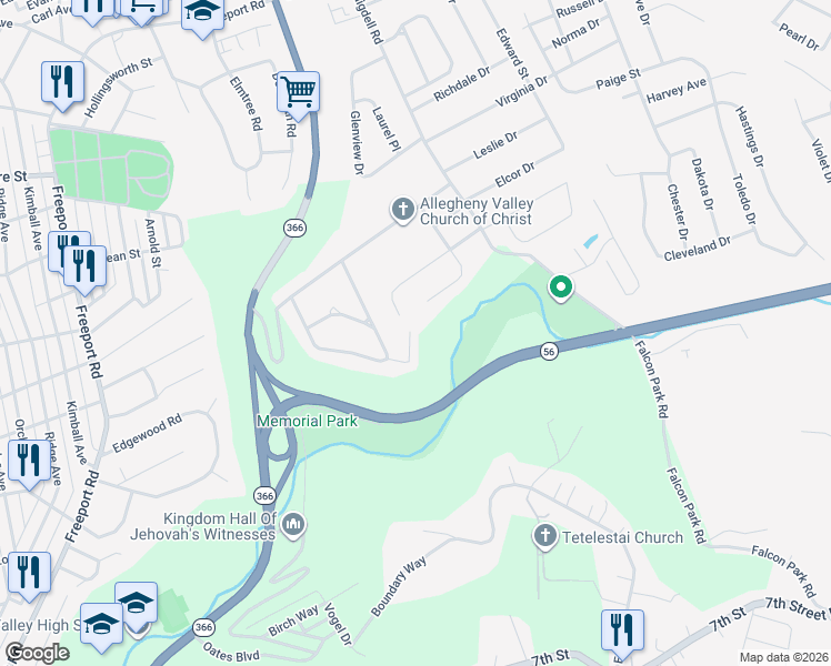 map of restaurants, bars, coffee shops, grocery stores, and more near 158 Leed Street in New Kensington