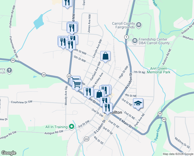 map of restaurants, bars, coffee shops, grocery stores, and more near 249 Mc Kinley Avenue in Carrollton