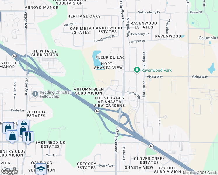 map of restaurants, bars, coffee shops, grocery stores, and more near Tarmac Road & Tuscany Way in Redding