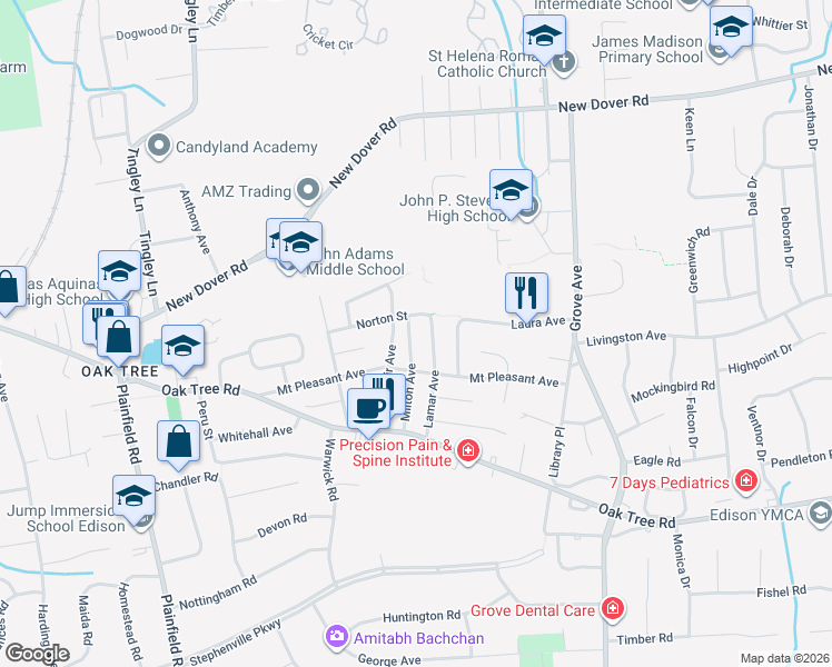 map of restaurants, bars, coffee shops, grocery stores, and more near 42 Milton Avenue in Edison