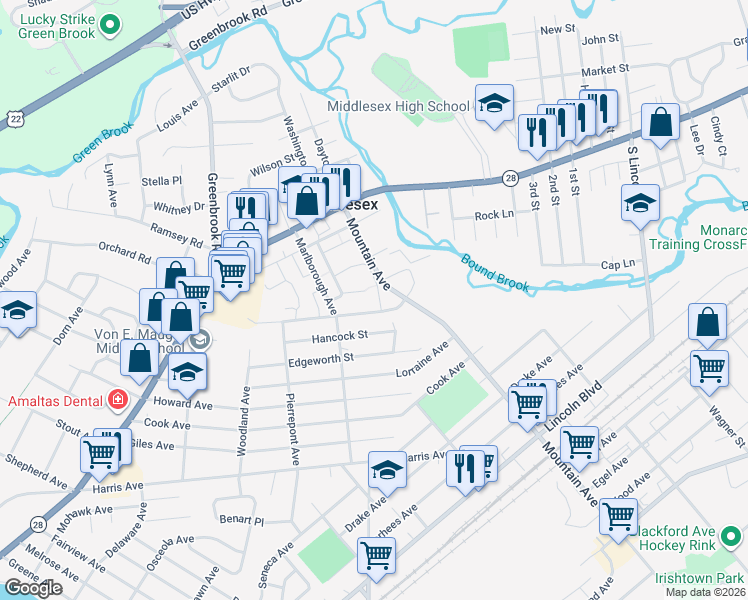 map of restaurants, bars, coffee shops, grocery stores, and more near 512 Wellington Street in Middlesex