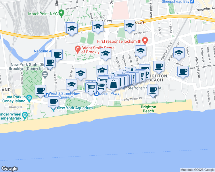 map of restaurants, bars, coffee shops, grocery stores, and more near 67 Brighton 1st Lane in Brooklyn
