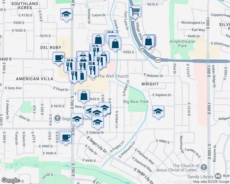 map of restaurants, bars, coffee shops, grocery stores, and more near 9623 South Amber Lane in Sandy