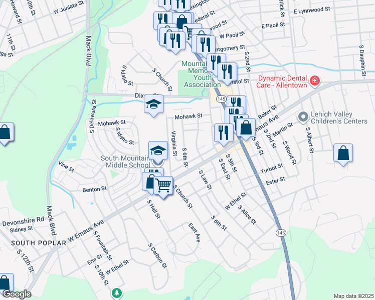 map of restaurants, bars, coffee shops, grocery stores, and more near 2015 South 6th Street in Allentown