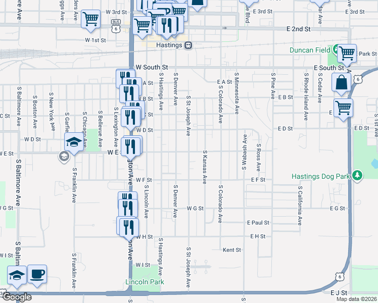 map of restaurants, bars, coffee shops, grocery stores, and more near 700 South Saint Joseph Avenue in Hastings