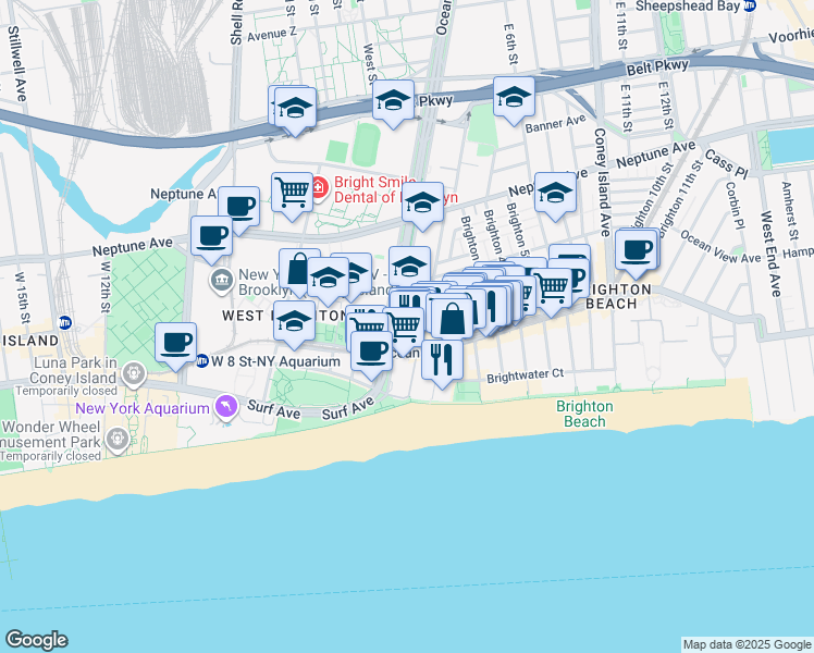 map of restaurants, bars, coffee shops, grocery stores, and more near 105 Brighton Beach Avenue in Brooklyn