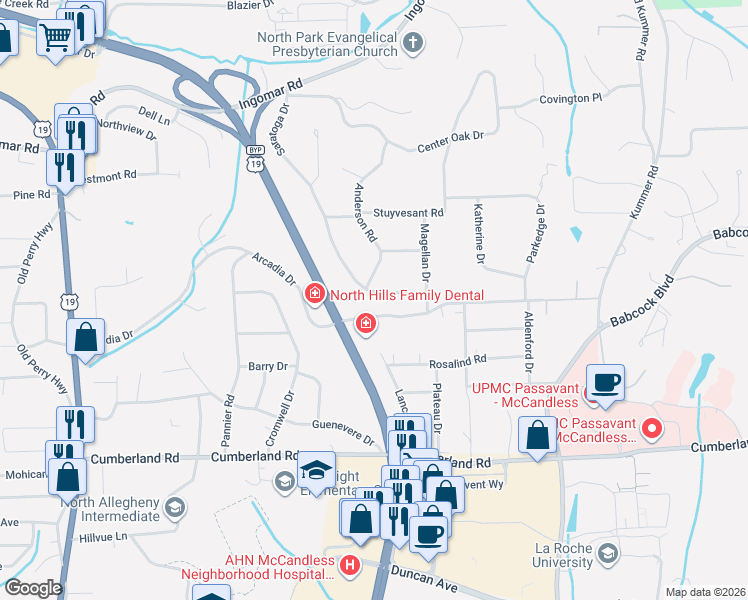 map of restaurants, bars, coffee shops, grocery stores, and more near 9400 McKnight Road in Pittsburgh