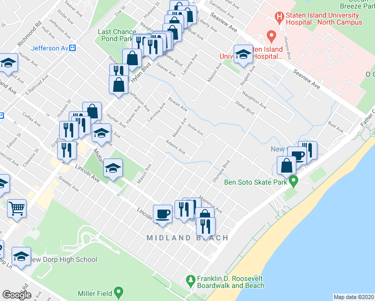 map of restaurants, bars, coffee shops, grocery stores, and more near 467 Adams Avenue in Staten Island