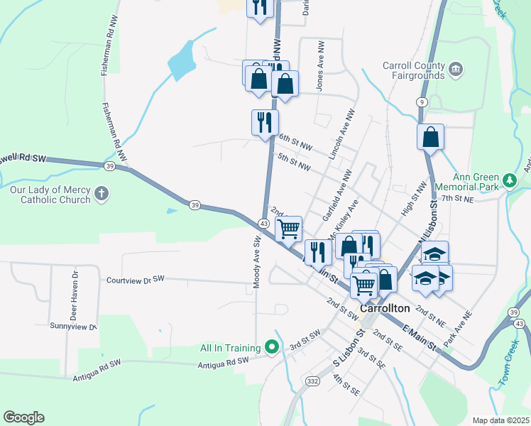 map of restaurants, bars, coffee shops, grocery stores, and more near 125 Canton Road Northwest in Carrollton