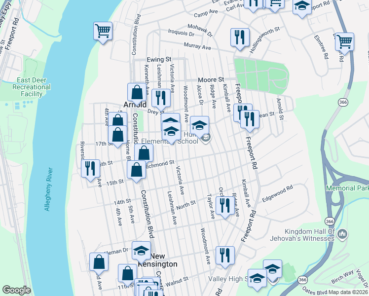 map of restaurants, bars, coffee shops, grocery stores, and more near 1701 Woodmont Avenue in Arnold