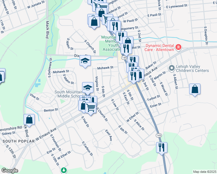 map of restaurants, bars, coffee shops, grocery stores, and more near 1982 South Law Street in Allentown
