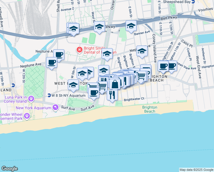 map of restaurants, bars, coffee shops, grocery stores, and more near 3052 Brighton 1st Street in Brooklyn