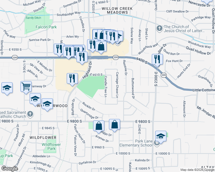 map of restaurants, bars, coffee shops, grocery stores, and more near 9577 Candle Tree Lane in Sandy