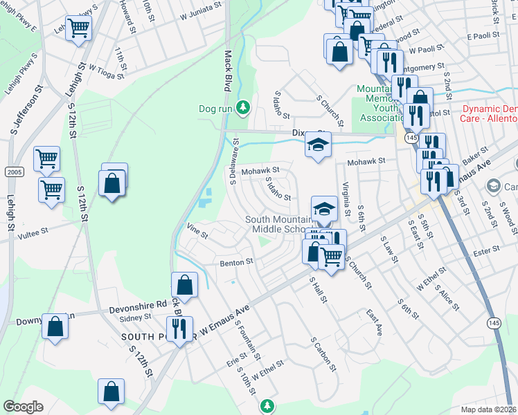map of restaurants, bars, coffee shops, grocery stores, and more near 2007 South Delaware Street in Allentown