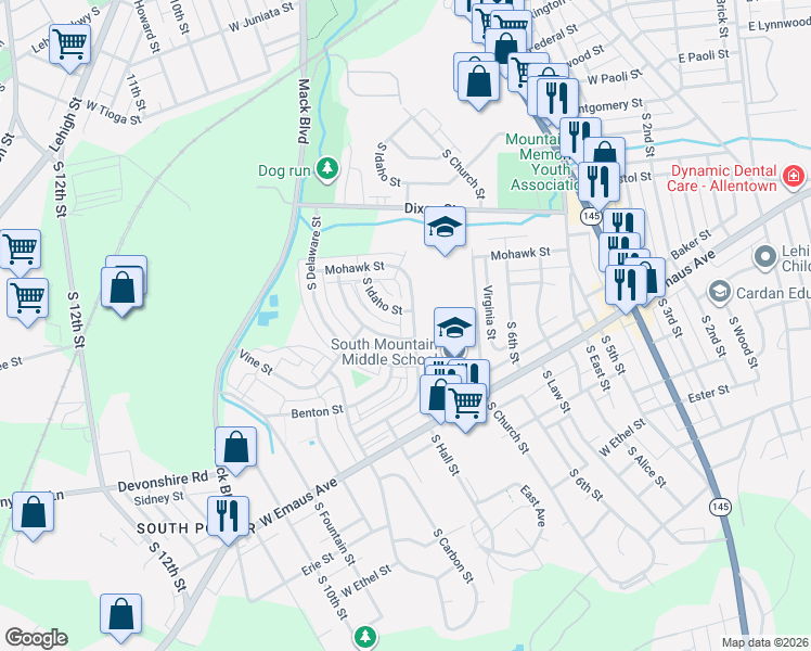 map of restaurants, bars, coffee shops, grocery stores, and more near 2014 South Hall Street in Allentown
