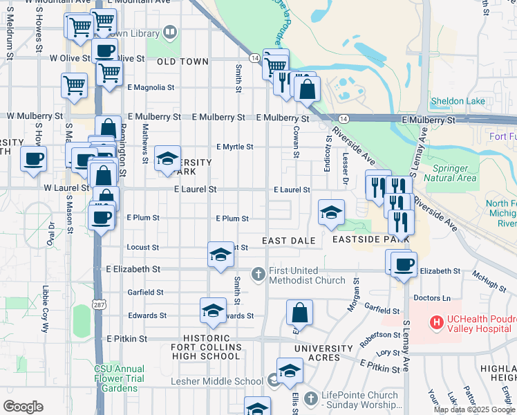 map of restaurants, bars, coffee shops, grocery stores, and more near 619 East Plum Street in Fort Collins