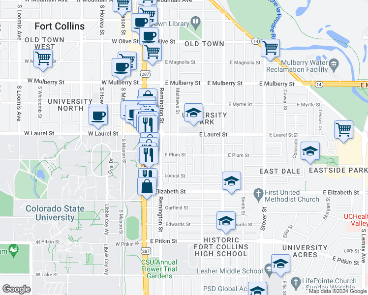 map of restaurants, bars, coffee shops, grocery stores, and more near 313 East Plum Street in Fort Collins