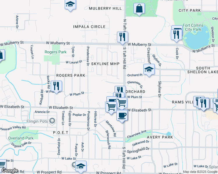 map of restaurants, bars, coffee shops, grocery stores, and more near 2156 West Plum Street in Fort Collins