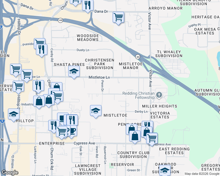 map of restaurants, bars, coffee shops, grocery stores, and more near 1450 Oakdale Lane in Redding