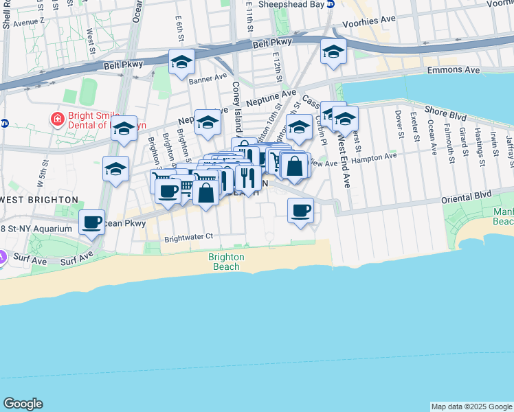 map of restaurants, bars, coffee shops, grocery stores, and more near 80 Oceana Drive West in Brooklyn