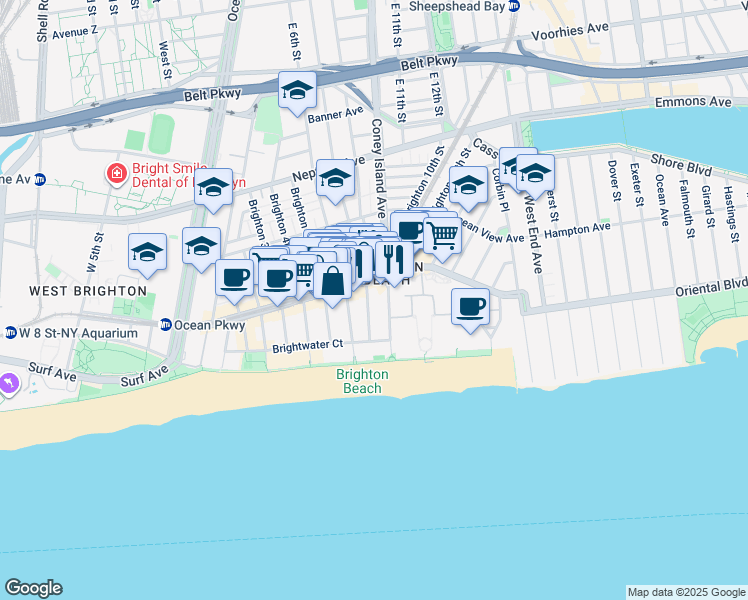 map of restaurants, bars, coffee shops, grocery stores, and more near 3110 Brighton 7th Street in Brooklyn