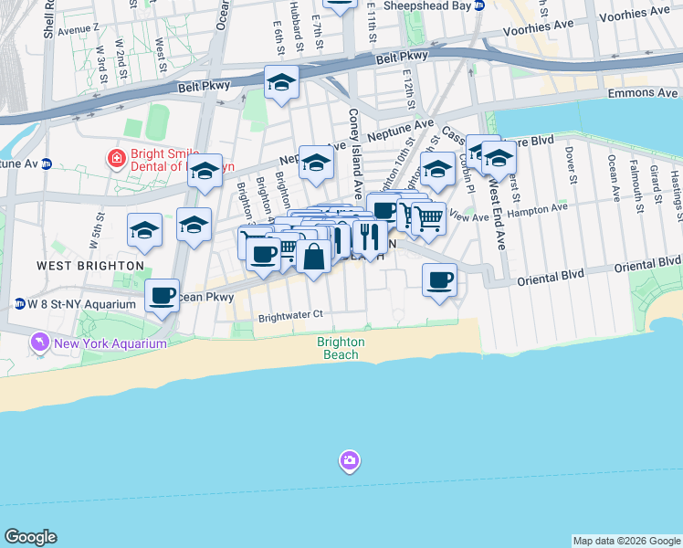 map of restaurants, bars, coffee shops, grocery stores, and more near 3110 Brighton 7th Street in Brooklyn