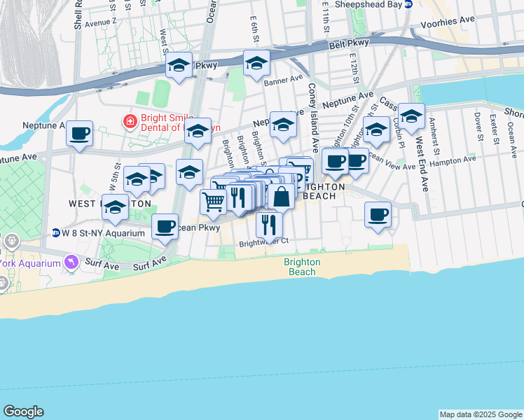 map of restaurants, bars, coffee shops, grocery stores, and more near 3110 Brighton 4th Street in Brooklyn