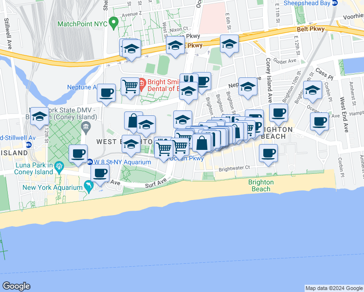 map of restaurants, bars, coffee shops, grocery stores, and more near 105 Brighton Beach Avenue in Brooklyn