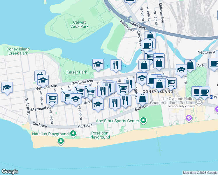map of restaurants, bars, coffee shops, grocery stores, and more near 2876 West 23rd Street in Brooklyn