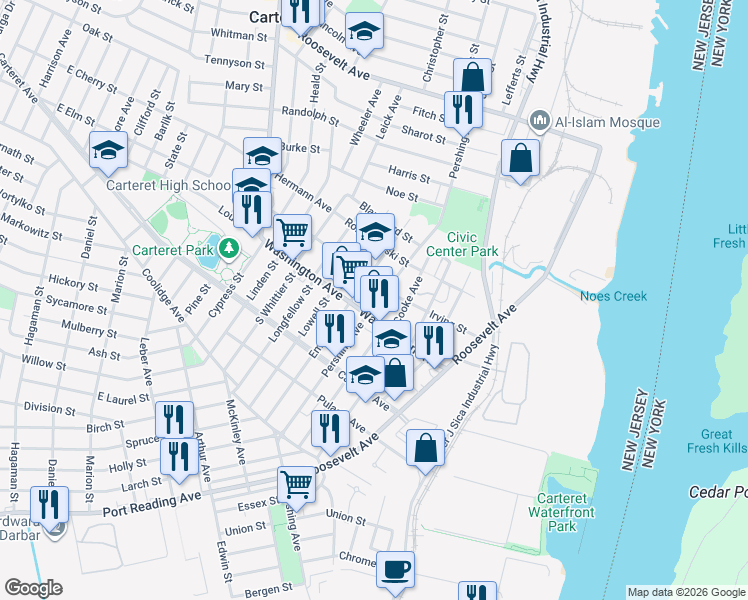 map of restaurants, bars, coffee shops, grocery stores, and more near 172 A Roosevelt Avenue in Carteret