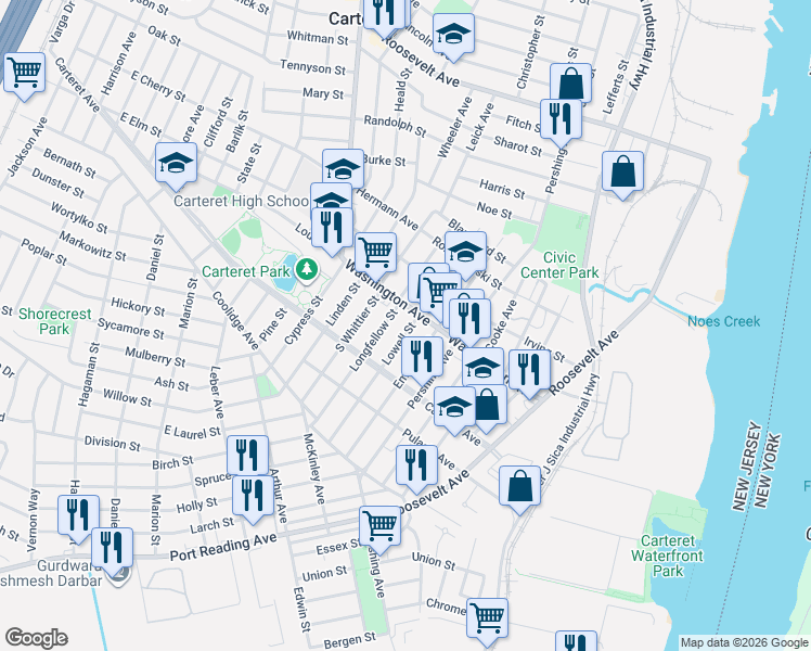 map of restaurants, bars, coffee shops, grocery stores, and more near in Carteret