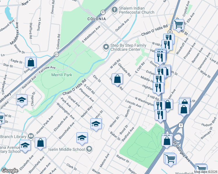 map of restaurants, bars, coffee shops, grocery stores, and more near 64 Bartow Avenue in Woodbridge Township
