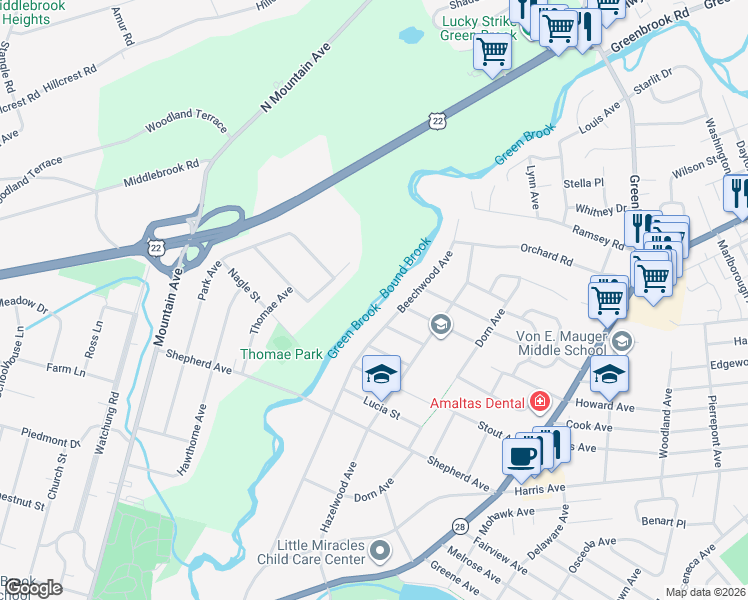 map of restaurants, bars, coffee shops, grocery stores, and more near 715 Beechwood Avenue in Middlesex