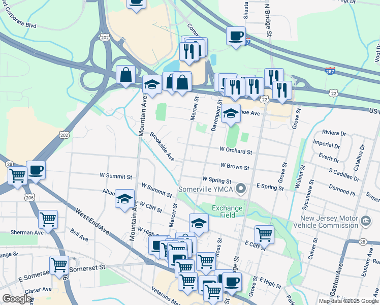 map of restaurants, bars, coffee shops, grocery stores, and more near 99 West Brown Street in Somerville