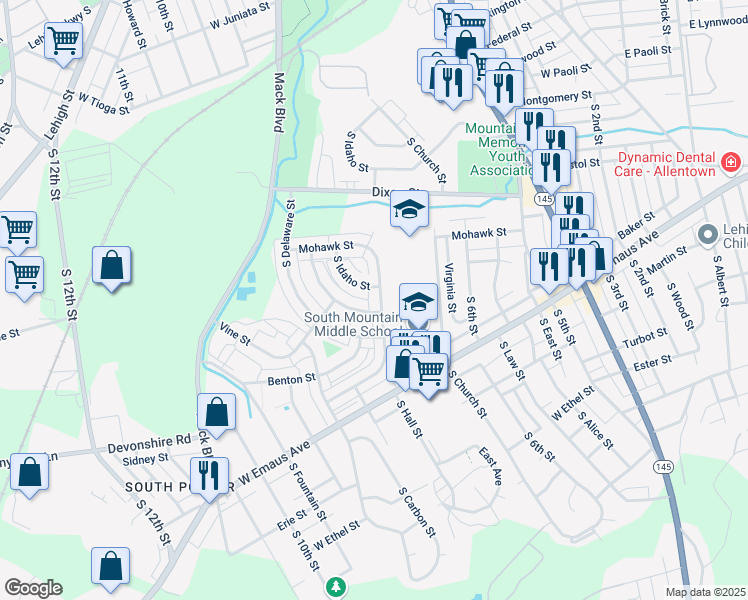 map of restaurants, bars, coffee shops, grocery stores, and more near 2014 South Hall Street in Allentown