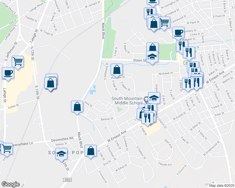 map of restaurants, bars, coffee shops, grocery stores, and more near 2007 South Delaware Street in Allentown