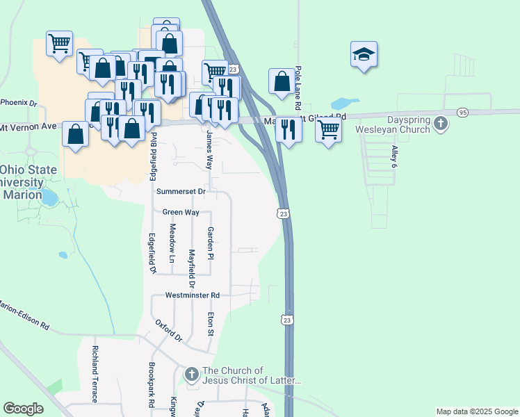 map of restaurants, bars, coffee shops, grocery stores, and more near 380 James Way in Marion