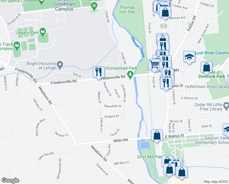 map of restaurants, bars, coffee shops, grocery stores, and more near 1942 Pine Court in Hellertown