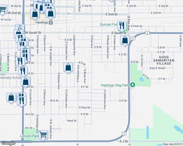 map of restaurants, bars, coffee shops, grocery stores, and more near 199 East E Street in Hastings