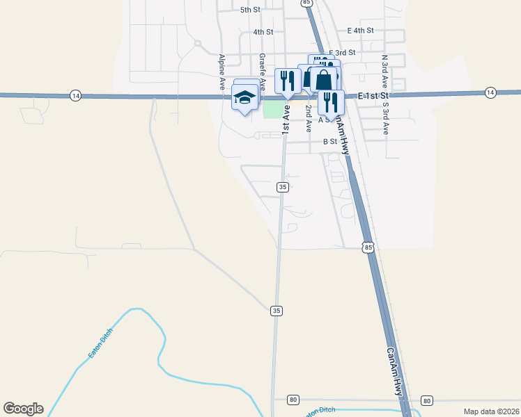 map of restaurants, bars, coffee shops, grocery stores, and more near 365 Linden Oaks Drive in Ault