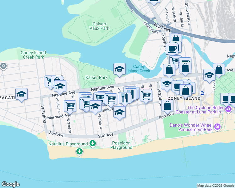 map of restaurants, bars, coffee shops, grocery stores, and more near 2866 West 27th Street in Brooklyn
