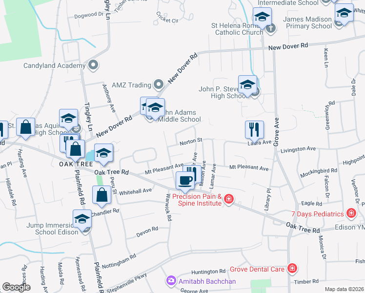 map of restaurants, bars, coffee shops, grocery stores, and more near 7 Wendy Court in Edison