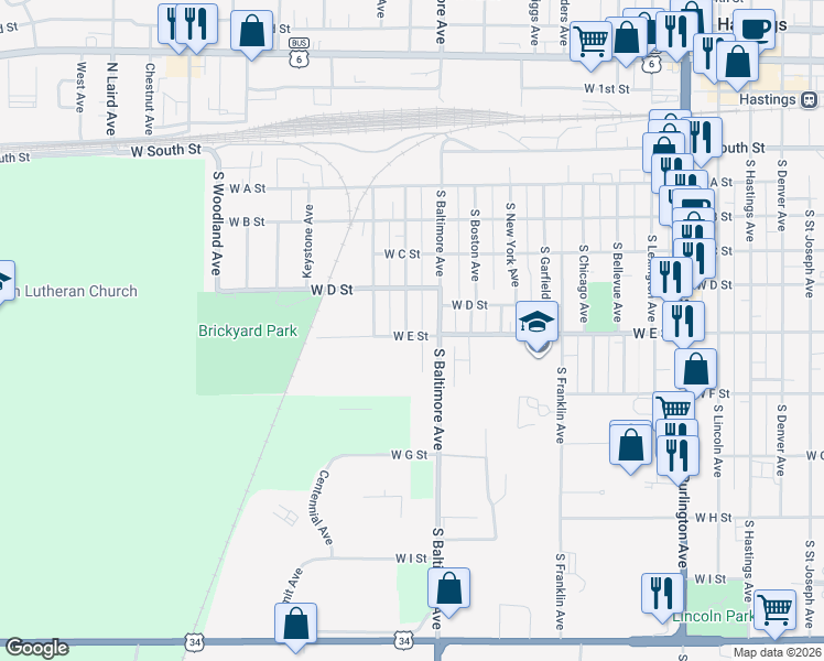 map of restaurants, bars, coffee shops, grocery stores, and more near 701-799 South Sewell Avenue in Hastings