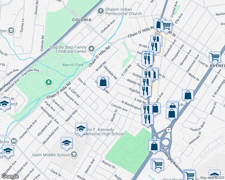 map of restaurants, bars, coffee shops, grocery stores, and more near 185 East Cliff Road in Woodbridge Township